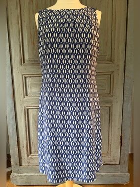 Maison 1-2-3 Navy and White silk Geometric Sleeveless Shift Dress US10
